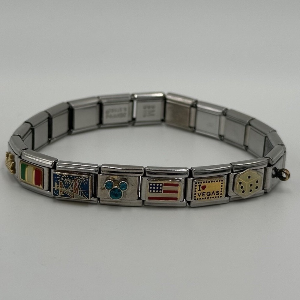Vtg Y2K Stainless Steel Italian Charm Bracelet Disney Mickey Vegas Travel Charms
